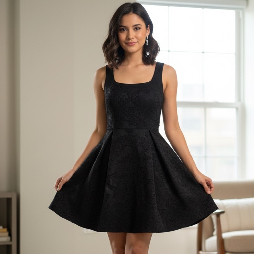 Love By Theia Sz 4 Black Preppy Goth Brocade Floral Back Bow Mini Dress